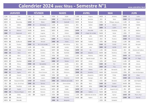 calendrier 2024 avec saints, 1er semestre