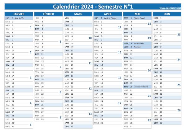 calendrier 2024 avec semaines paires et impaires, 1er semestre