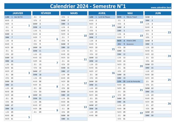 Calendrier 2024 avec numéros de semaine, 1er semestre