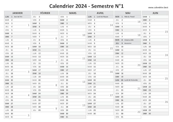 calendrier 2024 avec numéro de semaine, version semestrielle