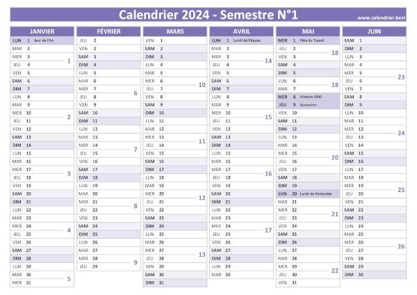 calendrier 2024 avec numéros de semaine, 1er semestre