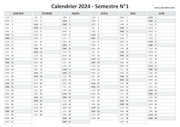 calendrier 2024 vierge, 1er semestre