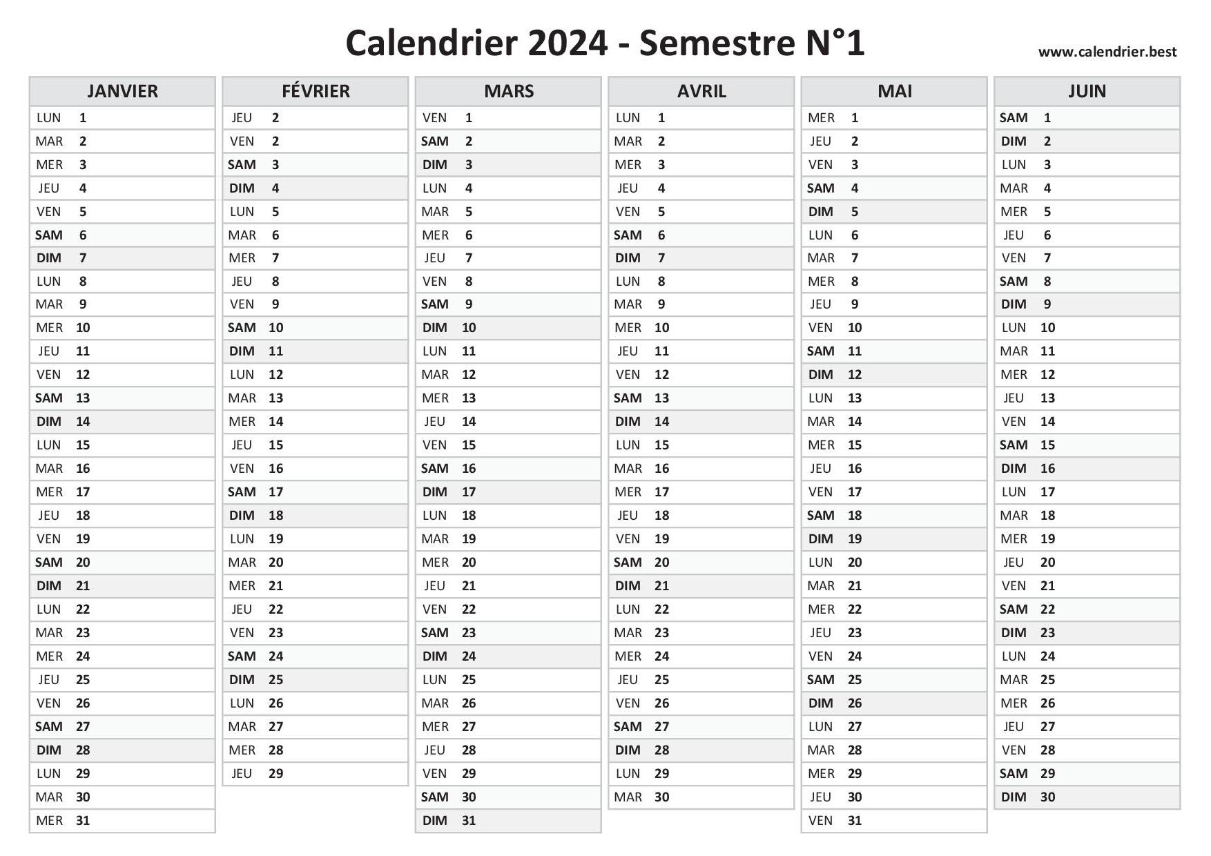 Calendriers mensuels 2024 à imprimer - Mademoiselle