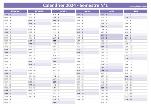 Calendrier du 1er semestre 2024 à imprimer