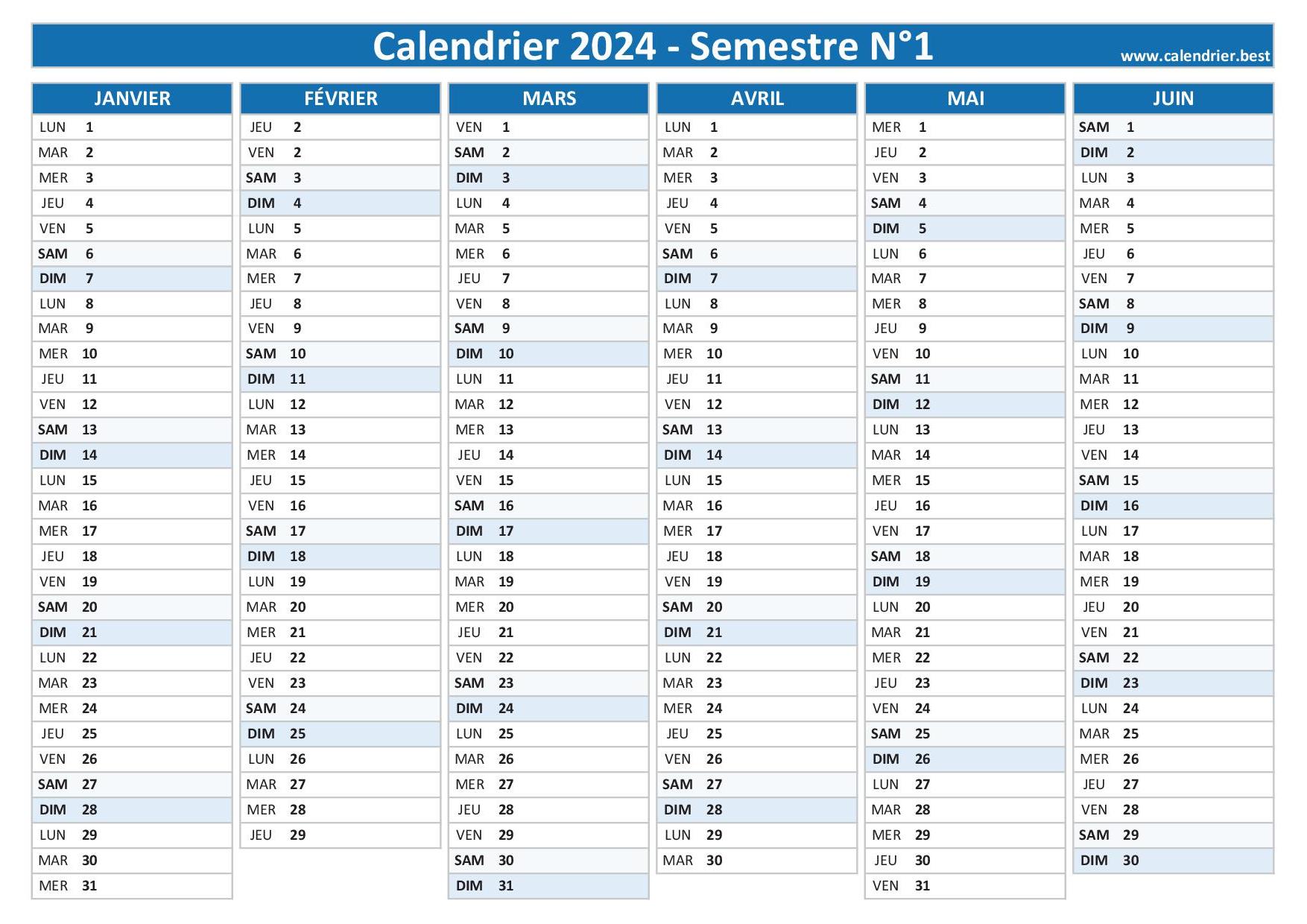 Calendrier semestriel 2024 à imprimer pour le 1er et le 2ème semestre 2024