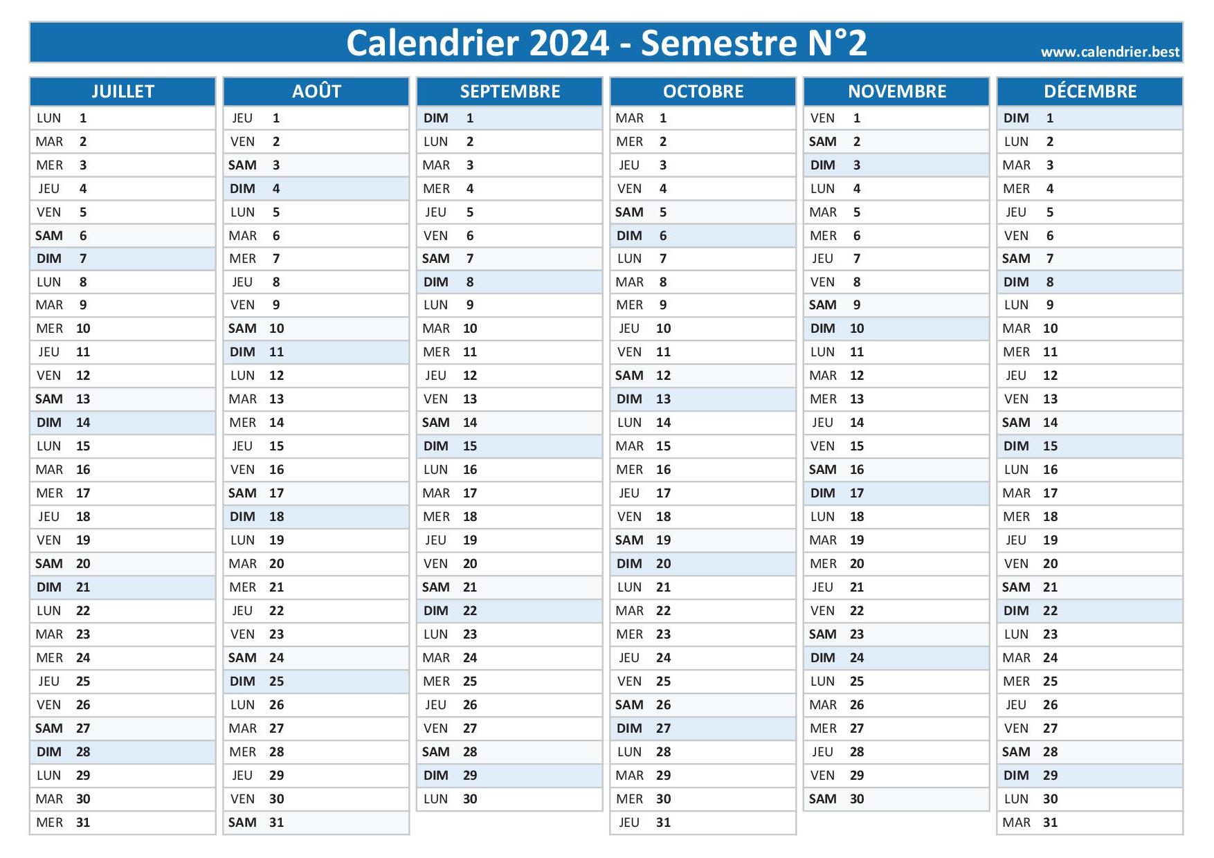 calendrier 2024 vierge, 2nd semestre