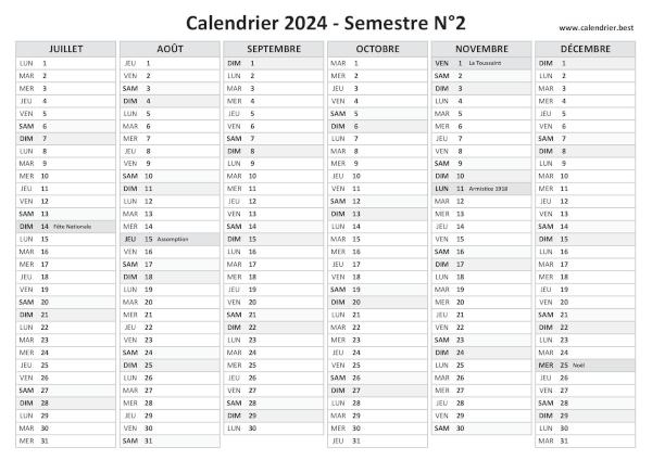 calendrier 2024 avec jours fériés, 1er semestre