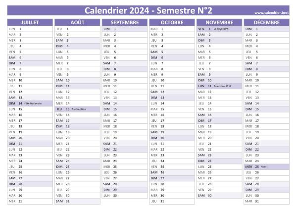 calendrier 2024 avec jours fériés, 2nd semestre