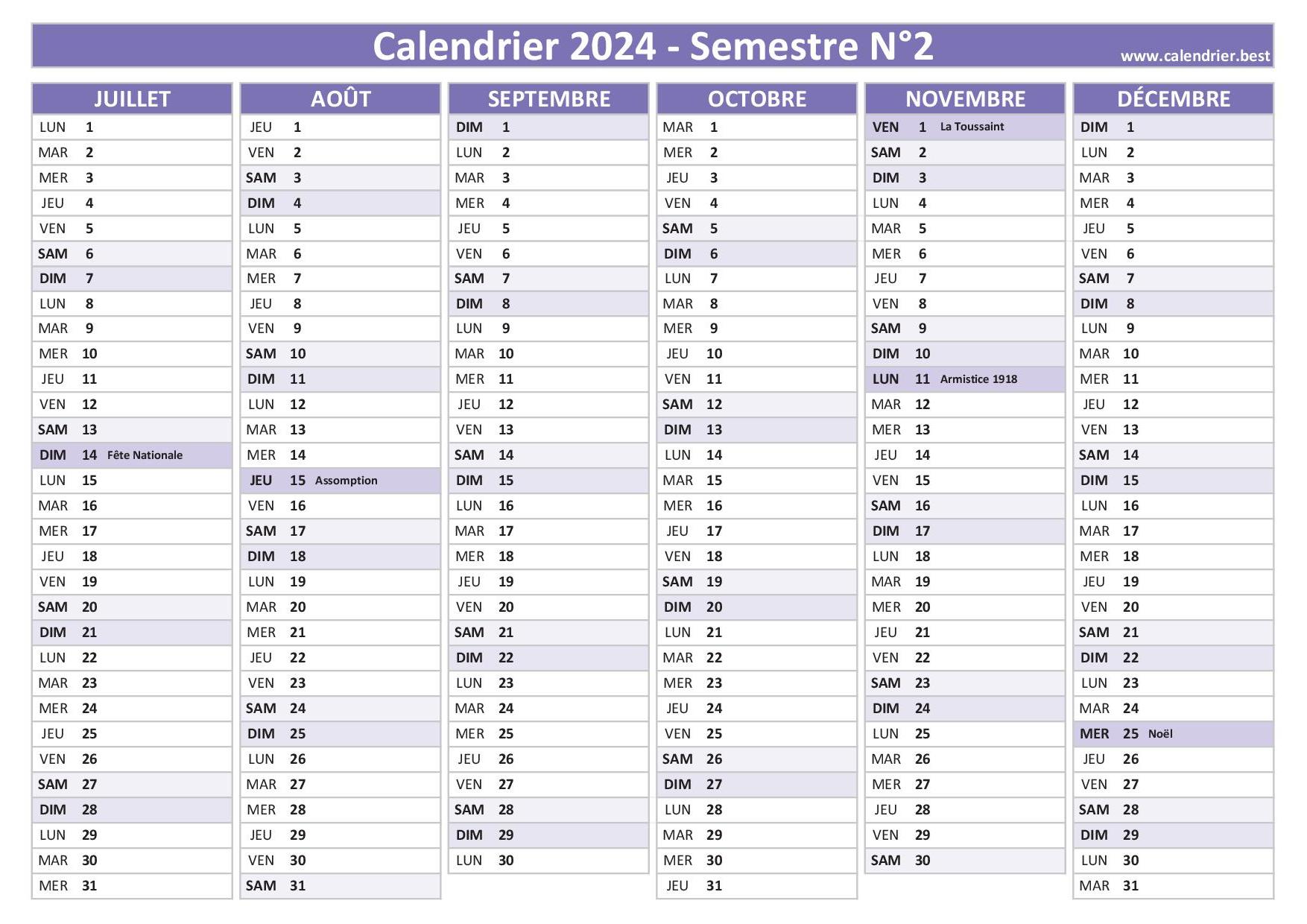 Calendrier Semestriel 2024 Imprimer Pour Le 1er Et Le 2 me Semestre 2024