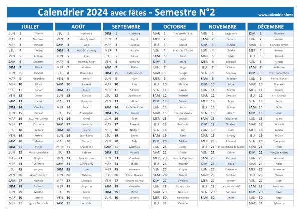 calendrier 2024 avec saints, 2nd semestre
