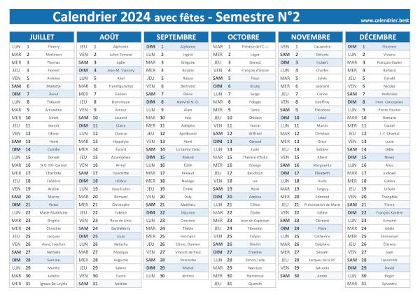 Calendrier 2024 semestriel avec bordure