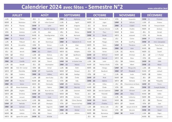 Calendrier semestriel avec saints à imprimer, année 2024, semestre 2, thème violet calendrier 2024 avec saints, 2nd semestre