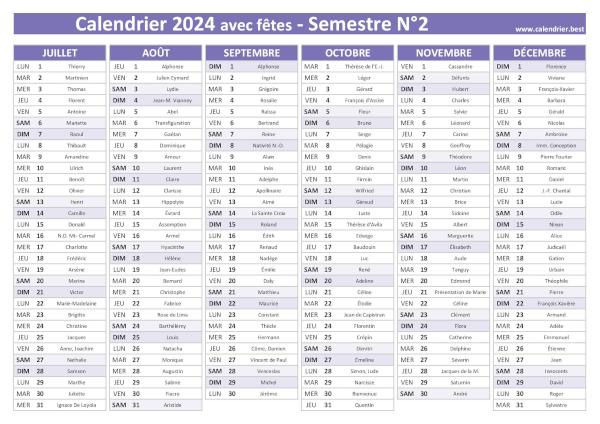 calendrier 2024 avec saints, 2nd semestre