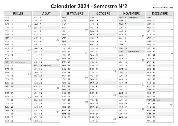 calendrier 2024 avec numéros de semaine, 2ème semestre