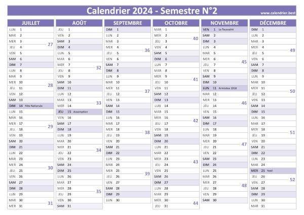 calendrier 2024 avec numéros de semaine, 2nd semestre