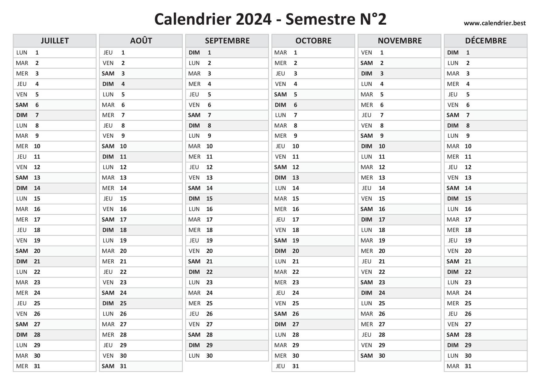 Calendrier 2024 à imprimer - Agenda 2024 gratuit - Planitica