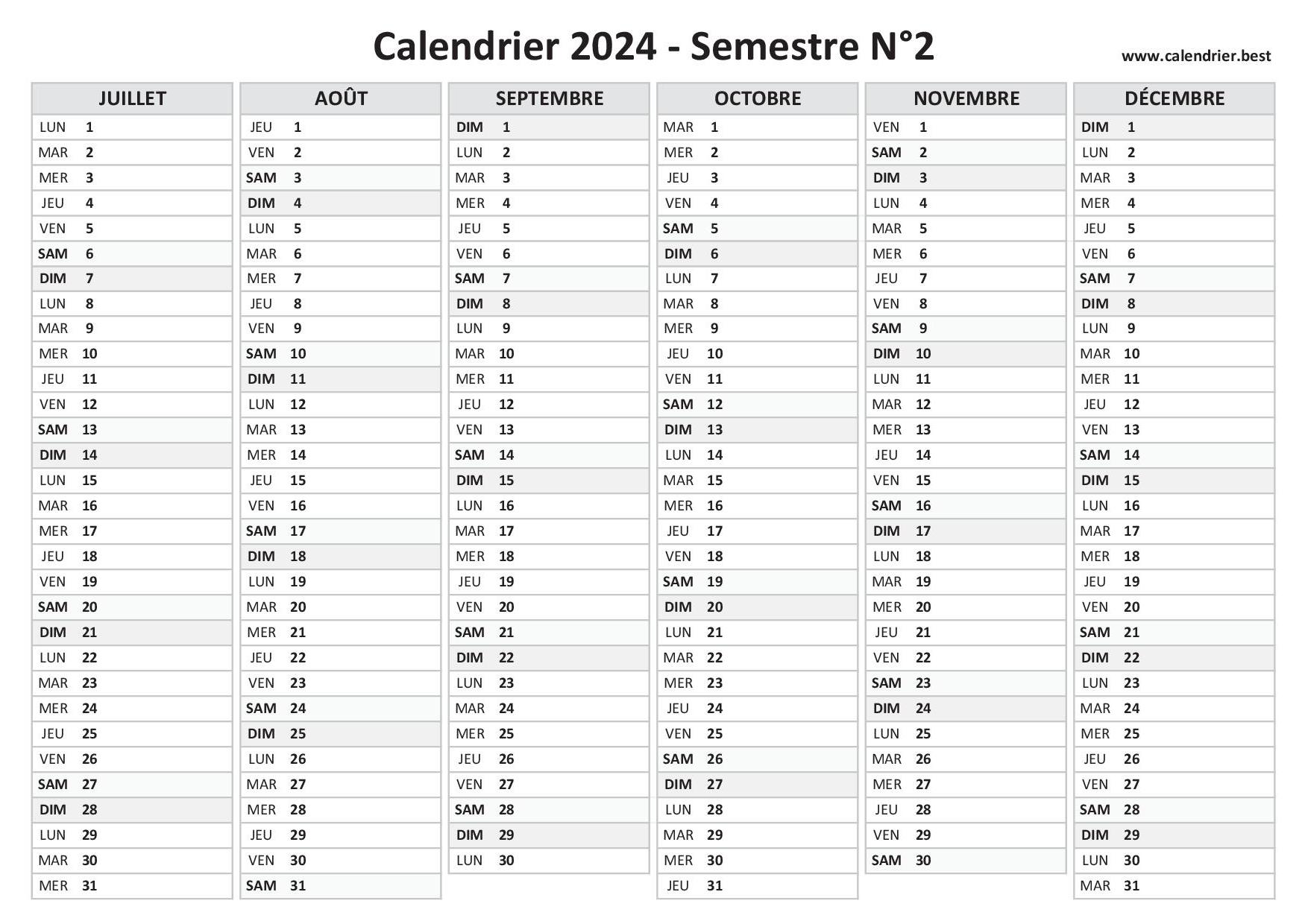 Calendrier Semestriel 2024 Imprimer Pour Le 1er Et Le 2 me Semestre 2024