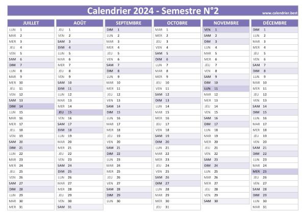calendrier 2024 vierge, 2nd semestre