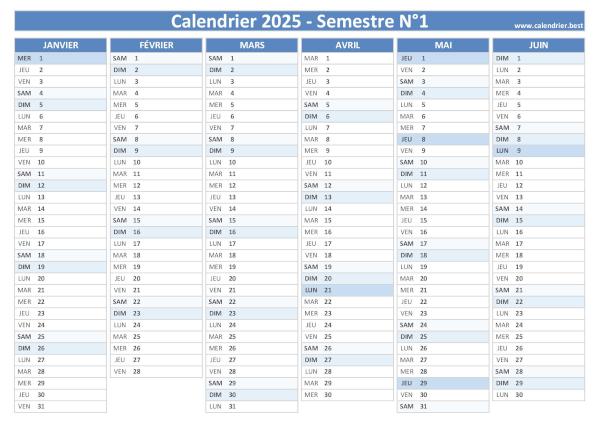 calendrier 2025 vierge à imprimer par semestre