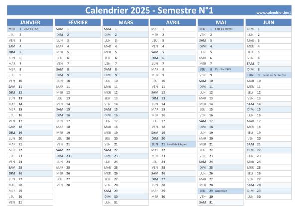 calendrier 2025 avec jours fériés, version semestrielle