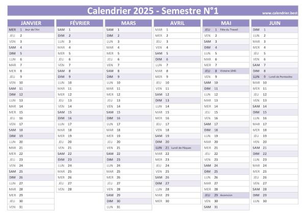 calendrier 2025 avec jours fériés, version semestrielle