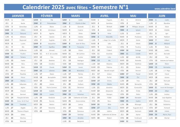 calendrier 2025 avec saints, 1er semestre