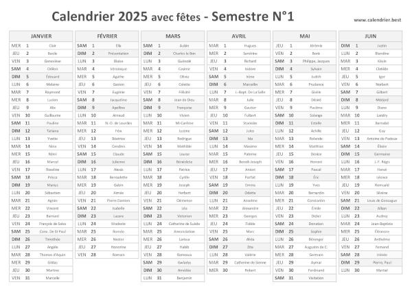 calendrier 2025 avec saints, 1er semestre