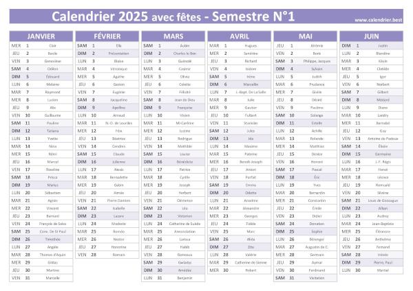 calendrier 2025 avec saints, 1er semestre