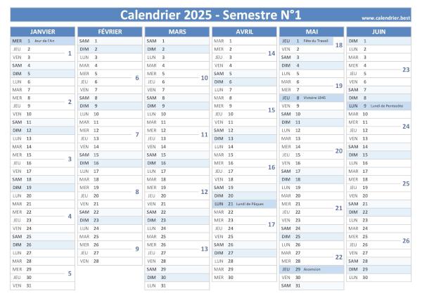 calendrier 2025 avec numéro de semaine, version semestrielle