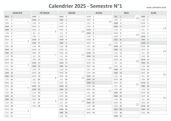 calendrier 2025 avec numéro de semaine, version semestrielle