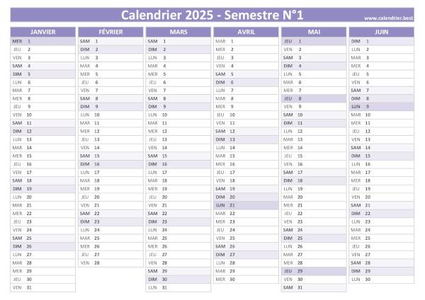 calendrier 2025 viergeà imprimer par semestre