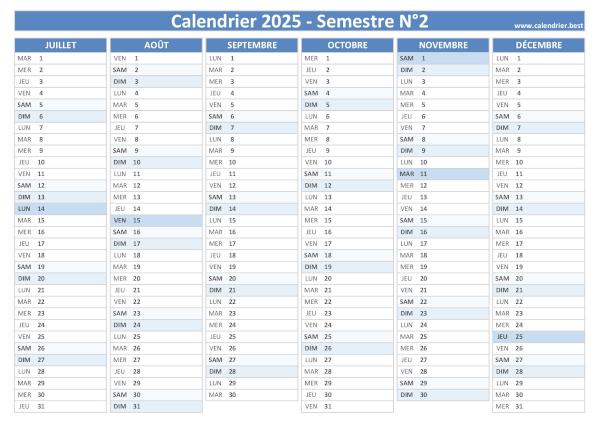 calendrier 2025 vierge, 2nd semestre