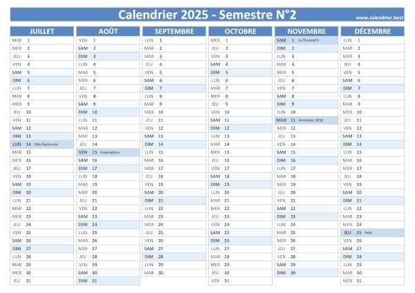 calendrier 2025 avec jours fériés, 2nd semestre