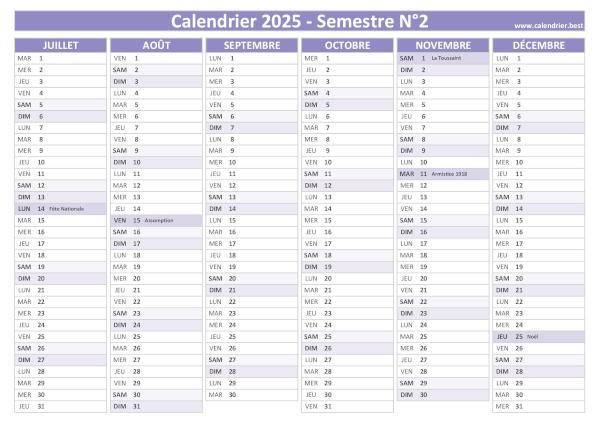 calendrier 2025 avec jours fériés, 2nd semestre