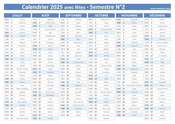 calendrier 2025 avec saints, 2nd semestre