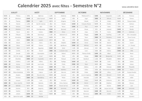 calendrier 2025 avec saints, 2nd semestre