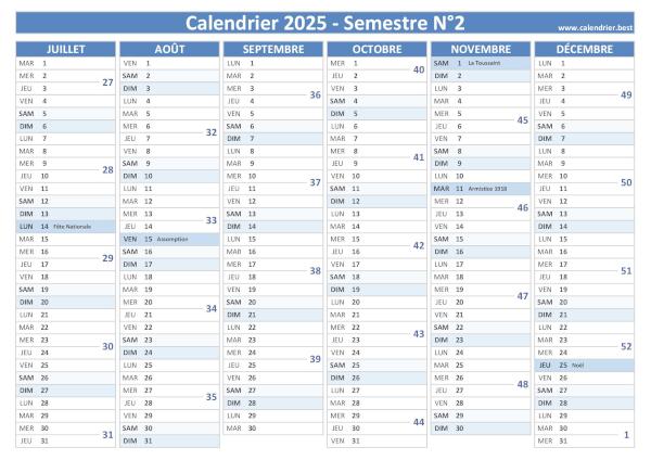 calendrier 2025 avec semaines paires et impaires, 2nd semestre