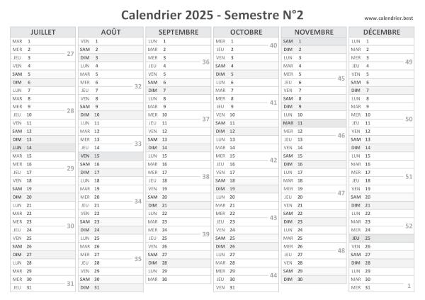 calendrier 2025 avec numéros de semaine, 2ème semestre