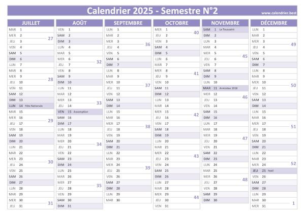 calendrier 2025 avec numéros de semaine, 2nd semestre