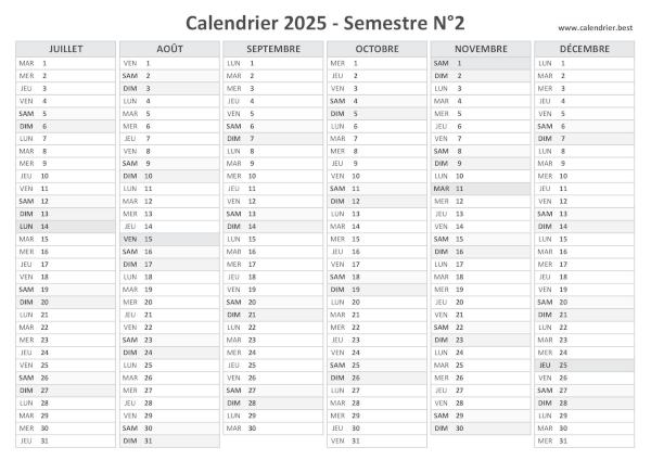 calendrier 2025 vierge, 2nd semestre