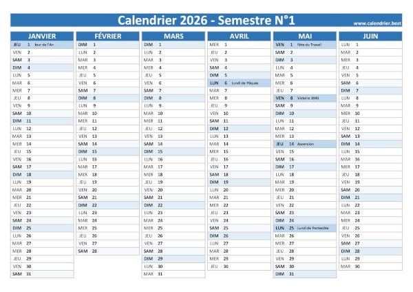 calendrier 2026 1er semestre avec jours fériés