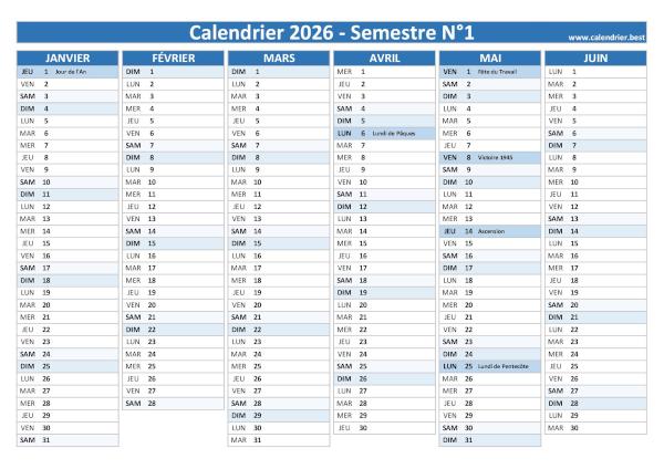 calendrier 2026 avec jours fériés, version semestrielle