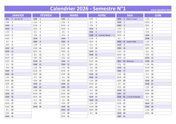 calendrier 2026 avec jours fériés, 1er semestre