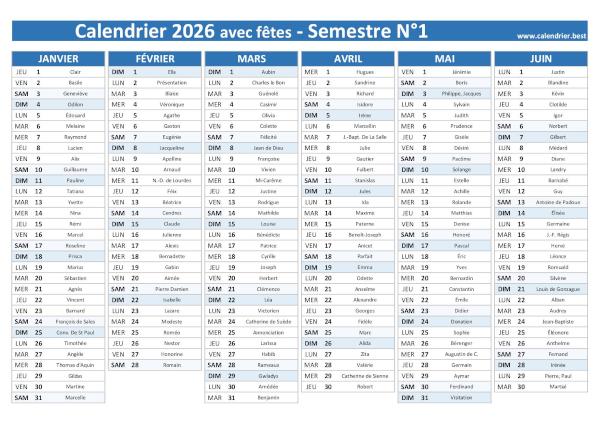 Calendrier semestriel avec saints à imprimer, année 2026, semestre 1, thème bleu calendrier 2026 avec saints, 1er semestre