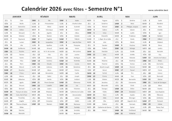 calendrier 2026 avec saints, 1er semestre