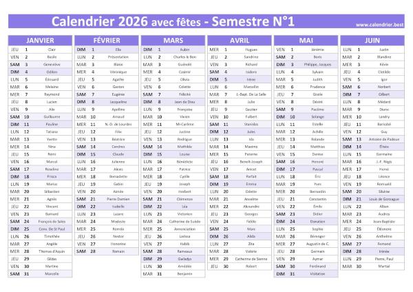 Calendrier semestriel avec saints à imprimer, année 2026, semestre 1, thème violet calendrier 2026 avec saints, 1er semestre