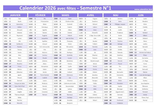 calendrier 2026 avec saints, 1er semestre