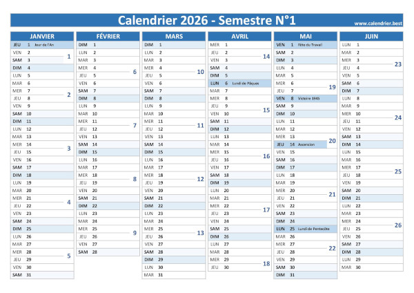 calendrier 2026 avec numéros de semaine, 1er semestre