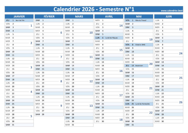 Calendrier 2026 avec numéros de semaine, 1er semestre