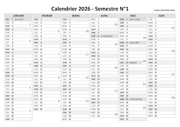 calendrier 2026 avec numéros de semaine, 1er semestre